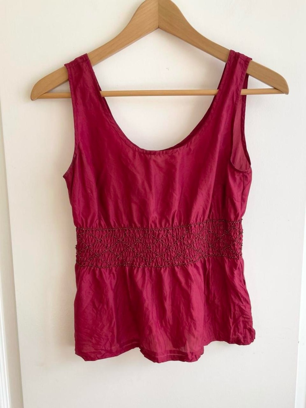 Vintage Y2K 100% Silk Beaded Top Size Small Smocked Waist Boho Fairy